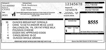 California WIC check or voucher to purchase WIC approved foods